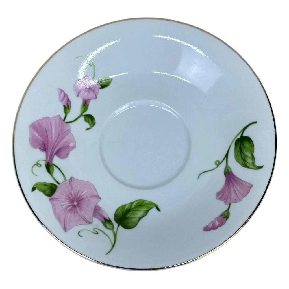 Teleflora Porcelain Tea Cup Saucer Set Pink Morning Glory Floral‎ Gold Trim